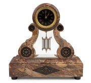 An antique French marble cased drumhead mantle clock, inlaid with Belgian black slate, eight day time and bell striking movement with outside count wheel by JAPY FRERES, with exposed faux mercury pendulum and black dial with Roman numerals, 19th century, 