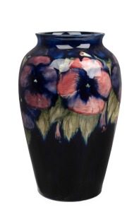 MOORCROFT "Pansy" pottery vase on blue ground, underglazed green signature mark to base, an impressive 32cm high.
