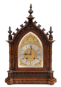 436 · A good quality antique English Gothic Revival oak cased bracket clock with German ting tang gong striking movement, 19th century, ​​​​​​​57cm high.