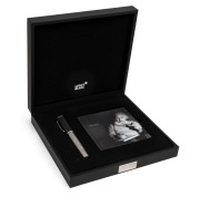 MONTBLANC - ALBERT EINSTEIN: 2012 limited edition [#10/1500] rollerball pen, the barrel platinum-plated with many engravings of Einstein's most famous formulas including E = mc2, the cap featuring a pattern in dark blue lacquer visualising the curvature o - 2