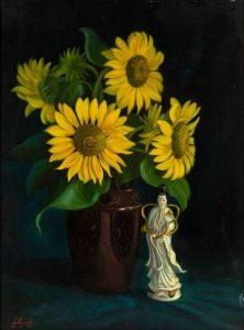 ARTIST UNKNOWN, (still life with sunflowers and Guanyin), oil on canvas, signed lower left "Lukminto, 30-8-74", 59 x 44cm, 66 x 51cm overall.