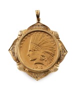 An 18ct gold and diamond mounted 22ct gold $10 American 1915 eagle coin, 4.7cm high overall, 22.8 grams total.