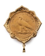 An 18ct gold and diamond mounted 22ct gold $10 American 1915 eagle coin, 4.7cm high overall, 22.8 grams total. - 2