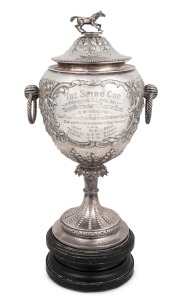 70 · THE SPIRO CUP antique South African racing trophy, English sterling silver made in Birmingham, circa 1892, on ebonised timber plinth, 52cm high overall, 3300 grams total including base.