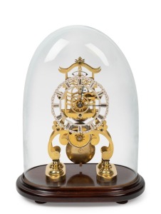 EVANS of HANSWORTH (attributed), scroll frame time only skeleton clock, finely finished wheelwork of six crossings, London style pendulum with transport lock, fretted silvered brass chaptering with engraved Roman numerals and fleur di lis hour hand, circa 1860, 19th century glass dome with later custom made base, 42cm overall including dome.