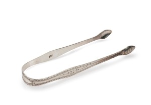 6 · HESTER BATEMAN antique English sterling silver sugar tongs with bright cut decoration, early 18th century, ​​​​​​​14cm long, 28 grams.