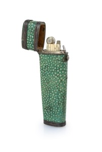 A fine quality antique English shagreen and silver mounted pocket instrument case, housing an attractive miniature ivory rule and other implements, 18th/19th century, 10cm high.
