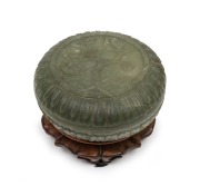 An antique Chinese carved jade box on carved timber stand, 19th/20th century, ​​​​​​​5.5cm high, 12cm wide, 9cm high including stand. - 2