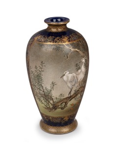 SATSUMA antique Japanese earthenware vase decorated with birds and chrysanthemums