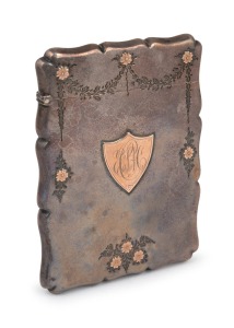 68 · An antique English sterling silver calling card case, with applied 9ct rose gold floral decoration and ownership shield cartouche, made in Birmingham, circa 1870, 10cm high, 75 grams.