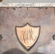 An antique English sterling silver calling card case, with applied 9ct rose gold floral decoration and ownership shield cartouche, made in Birmingham, circa 1870, 10cm high, 75 grams. - 3