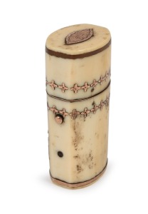 A Georgian ivory etui pocket sewing case with rose gold trim and decoration, 18th/19th century, 5.5cm high.