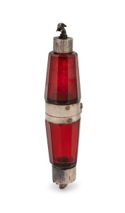 51 · A handsome antique double ended faceted ruby glass scent bottle with figural rabbit and frog silver plated lids with unusual central hinge revealing a vinaigrette compartment, mid 19th century, 13cm long.