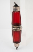A handsome antique double ended faceted ruby glass scent bottle with figural rabbit and frog silver plated lids with unusual central hinge revealing a vinaigrette compartment, mid 19th century, 13cm long. - 3