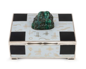 An Art Deco silver and enamel box with Chinese carved hardstone Buddha finial, interior with gold wash finish, circa 1920s, 10.5cm wide, 351 grams total.