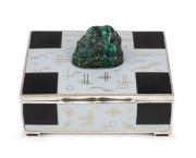 An Art Deco silver and enamel box with Chinese carved hardstone Buddha finial, interior with gold wash finish, circa 1920s, ​​​​​​​10.5cm wide, 351 grams total.