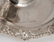 An antique sterling silver chamber stick and snuff with engraved crest, 18th/19th century, ​​​​​​​9cm high, 17cm wide, 326 grams total. - 2