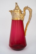 An antique ruby glass claret jug with ornate gilded silver top, 19th century, ​​​​​​​31cm high. - 3