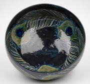 MOORCROFT stunning "Peacock Feather" pattern pottery bowl on dark blue ground developed at Cobridge in 1918, impressed "Moorcroft, Burslem", featured in the Paul Atterbury publication "Moorcroft Pottery A Guide To The Pottery Of William and Walter, 1897 - 5