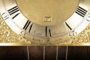 A George III London longcase clock with chinoiserie decoration on blue ground adorned with romantic scene vignettes. Attractive pagoda hood with central sound fret to the pediment decorated with gilt gesso spires and finials. Break arch dial with applied - 5