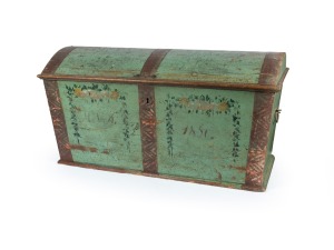 An antique Continental wedding trunk with domed top and hand-painted finish, dated 1850, ​​​​​​​71cm high, 138cm wide, 62cm deep.