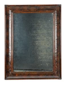A fine quality antique English William & Mary cushion moulded walnut oyster veneer looking glass mirror, circa 1690, ​​​​​​​80 x 60cm overall.