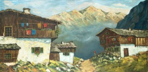 ARTIST UNKNOWN, (chalet mountain scene), oil on canvas, signed lower right "Pieris(?)" 60 x 120cm, 74 x 135cm overall.