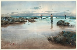 ARTIST UNKNOWN, (beach fishing), watercolour, signed lower left (illegible), 57 x 88cm, 94 x 124cm overall.