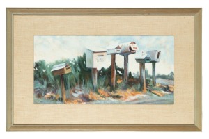 BARBARA BETTER, Roadside Hopefuls, oil on canvas board, signed lower left "Better", 29 x 59cm, 52 x 82cm overall.