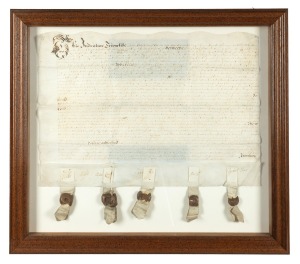 KING CHARLES I: An original hand-written indenture on vellum from 1635, "the eleventh year of the reign of our most gracious sovereign Lord, Charles, by the Grace of God.." with subject appearing to be the long-term lease of lands to several parties, all 