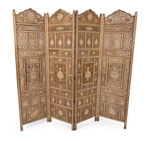 A vintage Indian carved sandalwood fourfold screen with inlaid bone decoration, 20th century, ​​​​​​​188cm high