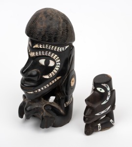Two Nguzu Nguzu war canoe prows, carved wood and shell, Solomon Islands origin, 20th century, ​​​​​​​18cm and 8cm high.