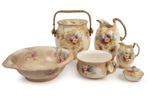 ROYAL DEVON antique English porcelain wash set including slops pail, 19th/20th century, (6 items), the basin 46cm across.