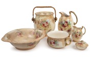 ROYAL DEVON antique English porcelain wash set including slops pail, 19th/20th century, (6 items), the basin 46cm across.