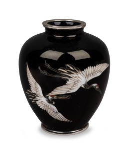 A vintage Japanese cloisonne vase with flying crane decoration on black ground with silver wire finish, 20th century, 9cm high.