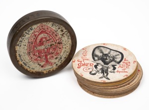 HARTLEY BROTHERS antique "Black Americana" circular playing cards in original tin, ​​​​​​​8cm diameter.