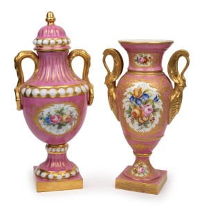 A vintage French porcelain mantle vase and lidded urn with hand-painted floral decoration on pink ground, 20th century, (2 items), 32cm and 37cm high.