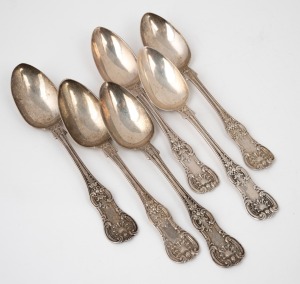 63 · A set of six antique Scottish sterling silver teaspoons, made in Glasgow, circa 1870, ​​​​​​​15cm long, 138 grams total.