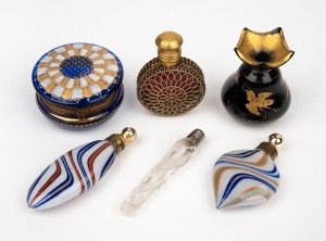Antique and vintage glass scent bottles, circular box and miniature vase, English and Continental, 19th and 20th century, (6 items), ​​​​​​​the largest 7cm high.