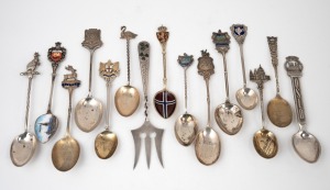 141 · Assorted silver souvenir spoons and a fork, including many examples with enamel decoration, 20th century, (15 items), 154 grams total.