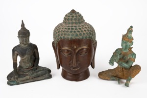 298 · A vintage bronze Buddha head, together with two seated figures, 20th century, the largest 18cm.