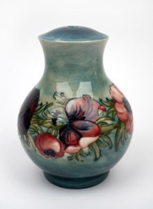 MOORCROFT "Anemone" pottery lamp base on blue/green ground, impressed "Moorcroft, Made In England" with remains of paper label, 21cm high.