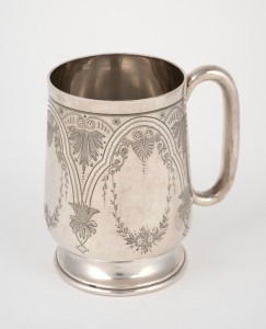 47 · An antique sterling silver mug with engraved decoration, made in Birmingham circa 1880, ​​​​​​​10.5cm high, 169 grams.