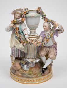 465 · MEISSEN antique German porcelain floral figural group, 19th century, blue crossed swords mark to base, ​​​​​​​21cm high.