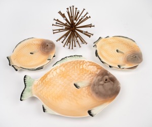 SHORTER & SON vintage English porcelain fish set comprising of a platter and six plates; together with a decorative nail ornament, A/F, (8 items), the platter 37cm wide.