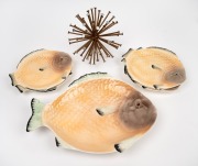 SHORTER & SON vintage English porcelain fish set comprising of a platter and six plates; together with a decorative nail ornament, A/F, (8 items), the platter 37cm wide.