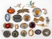 Twenty two assorted brooches including silver examples, and costume including Langani, 20th century.
