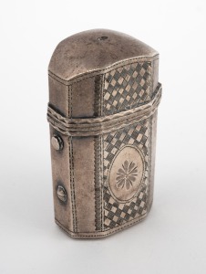A Georgian sterling silver scent bottle holder with original crystal bottle, early 19th century, 5cm high.