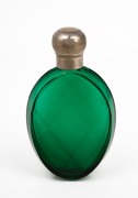 An antique faceted green glass scent bottle with silver plated top, 19th century, 11cm long.