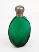An antique faceted green glass scent bottle with silver plated top, 19th century, 11cm long. - 2